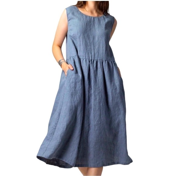 Dresses Unlimited Dresses & Skirts - New Women Dress INES DE LA FRESSANGE Blue A Line Sleeveless Dress Linen Dress